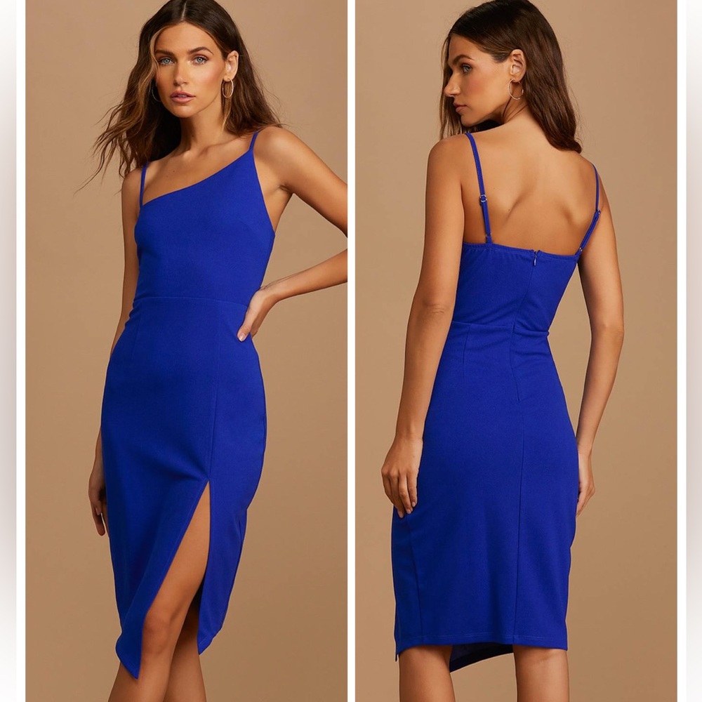 Lulus Shape the Night Cobalt Blue Asymmetrical Midi Dress Size Small Cocktail